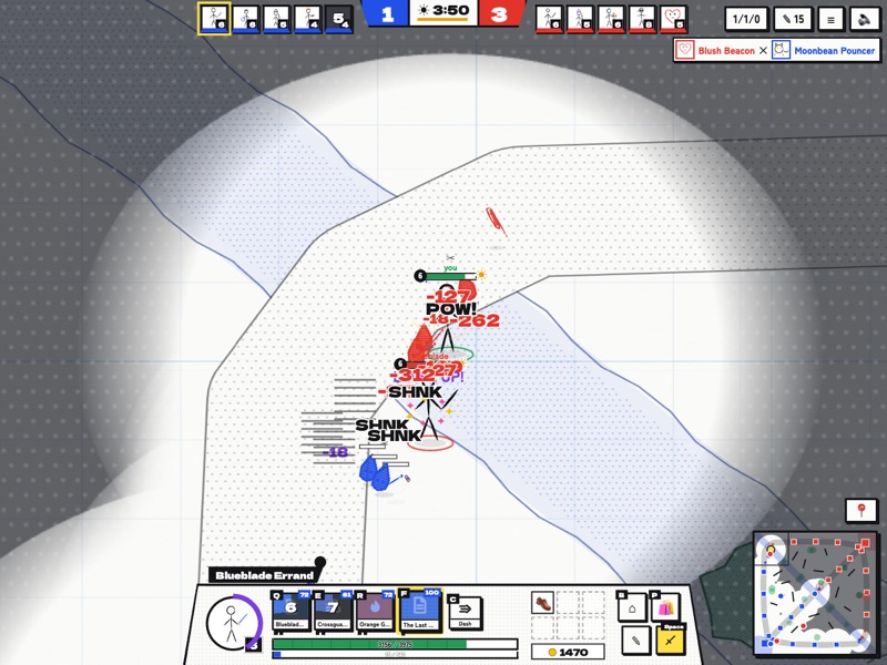 A fight in the middle lane, with the whole match screen: team portraits, the clock and your ability bar